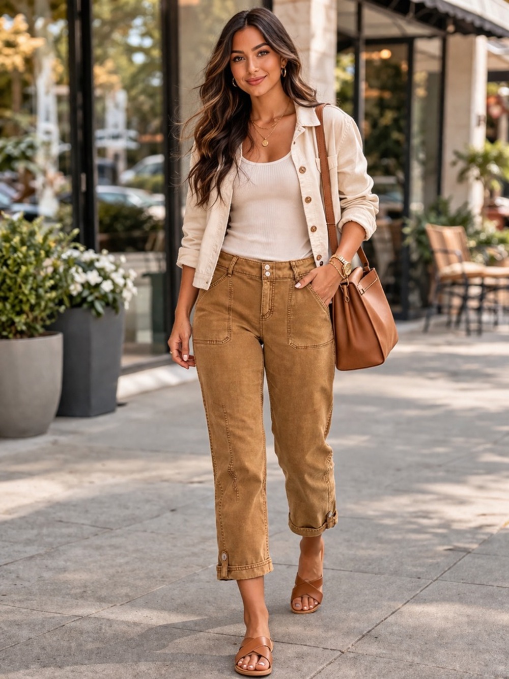 WHBM Pret A Pedi Straight Crop Utility Pants Brown Womens 10 Mid Rise